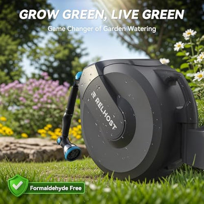 Retractable Garden Hose Reel, 5/8 in x 65 ft Wall Mount Heavy Duty Hose Reel with Any-Length Lock, Auto Rewind System, 180° Swivel Bracket, and 10-Pattern Nozzle for Garden, Dark Grey - color: Dark Grey, size: 65FT