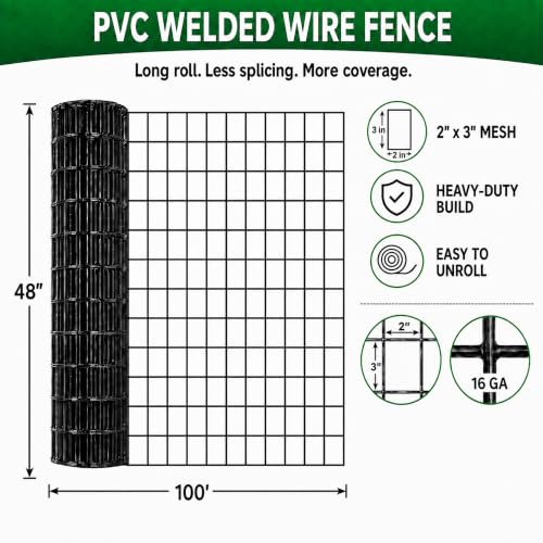 Black PVC Coated Welded Wire Fence 16GA 2x3 48*100 Mesh Garden Animal Fence - size: 2*3'' 48''*100'