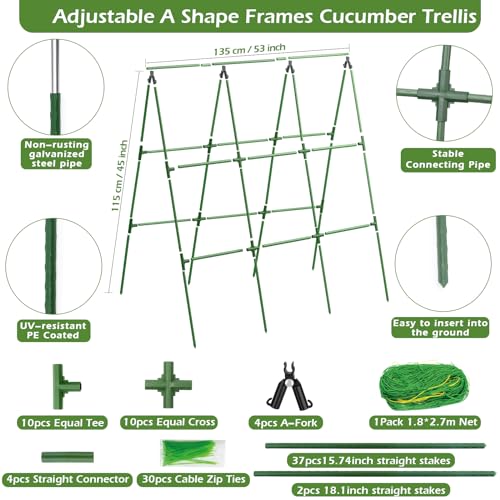 Cucumber Trellis for Raised Beds, 45 x 53 Inch Adjustable Size A-Frame Garden Trellis for Climbing Plant Outdoors with Climbing Net and Plant Support Clip for Vegetable Grape Tomato Bean Pea - size: 1pack 45 x 53 Inch
