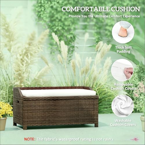 40" Outdoor Wicker Storage Bench, 34 Gallon Deck Box with Cushion, Coffee - color: Coffee,cream White