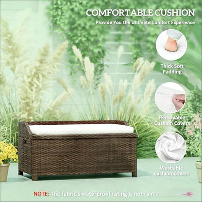 40" Outdoor Wicker Storage Bench, 34 Gallon Deck Box with Cushion, Coffee - color: Coffee,cream White