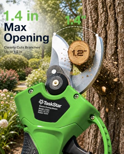 TaskStar Electric Pruning Shears Cordless: 1.4" Cutting Power Pruner with 2000mAh Battery, Brushless Motor, SK5 Blade, 2 Modes Battery Powered Branch Cutter for Garden Tree Trimming & Yard Care - color: Green
