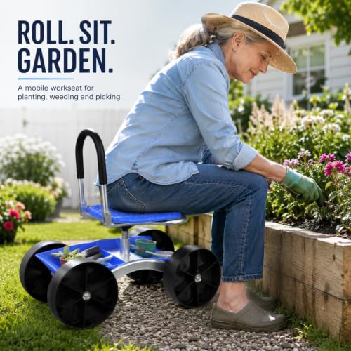 Rolling Garden Seat with Wheels, 360° Swivel Adjustable Gardening Stool - color: Blue
