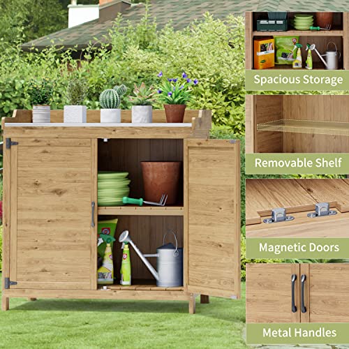 Gizoon Outdoor Potting Bench with Metal Tabletop, Wooden Cabinet, Natural