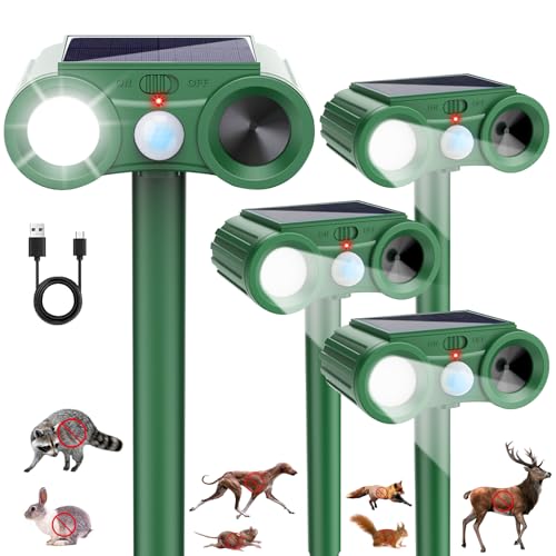 2026 Solar Ultrasonic Animal Repellent Outdoor 4 Pack Deer Squirrel Deterrent with Motion Sensor & Flashing Light, Sonic Racoon Fortress Pro Repeller to Keep Cat Rabbit Dog Out of Yard & Garden