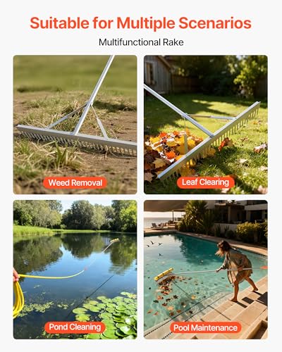 VEVOR Landscape Rake, 36 inch Wide Head 102 inch Handle, Large Heavy Duty Aluminum Landscaping Leaf Rake Tool, Asphalt Level for Loosening Soil, Garden & Yard, Pond Gravel & Beach Lawn Care, 52ft Rope - size: 102 inch