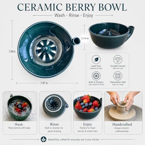 Upgrade Handmade Ceramic Berry Bowl Washer with Holes, 2-in-1 Colander Bowl
