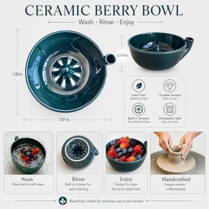 Upgrade Handmade Ceramic Berry Bowl Washer with Holes, 2-in-1 Colander Bowl