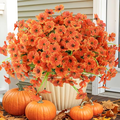 12 Bundles Artificial Mums for Outdoors Decor, UV Resistant Fall Flowers - color: Orange, size: 12 PCS