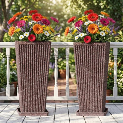 Square Tall Planters for Outdoor Plants with Tray - 24" Brown 2Pack - color: Reddish Brown-sandblasting