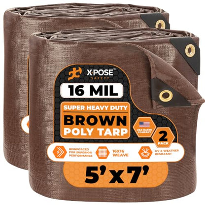 Xpose Safety Super Heavy-Duty 5' x 7' Brown Poly Tarp (2-Pack) - 16 Mil Waterproof & UV Resistant, Rip-Proof with Reinforced Edges & Grommets - color: Brown, size: 5' X 7' (2-Pack)