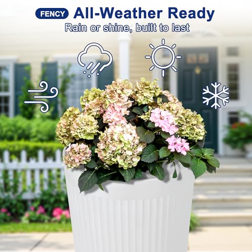 FENCY Self Watering Tall Planters Set of 2, White Round - color: White-round Ribbed