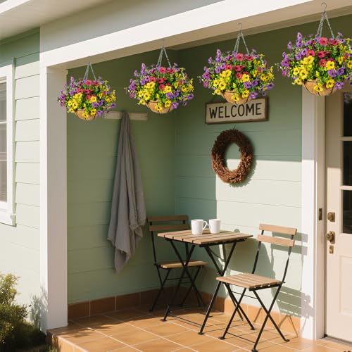 Artificial Hanging Flowers, UV Resistant, 12 Bundles, 4 Colors - color: Fuchsia+rose Red+purple+yellow