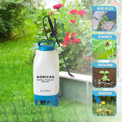 Battery Powered Sprayer 2.35 Gallon, Electric Garden Sprayer for Weed/Pest Control, 6 Nozzles, 50 PSI Pressure, Telescopic Wand, Shoulder Strap, Long-Lasting 12V Battery - color: Model2-AG2003-2.35 Gal