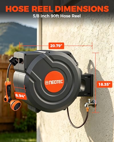 90FT Retractable Garden Hose Reel 5/8 Inch, Heavy Duty Wall Mounted Hose Reel with 9-Pattern Nozzle, Automatic Slow Return & Any-Length Lock, 180° Swivel UV Resistant for Lawn & Car Wash - size: 5/8inch 90ft