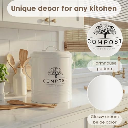 Perfnique 1.3 Gal Kitchen Compost Bin with Lid, Countertop Compost Caddy - color: cream, style: without bags
