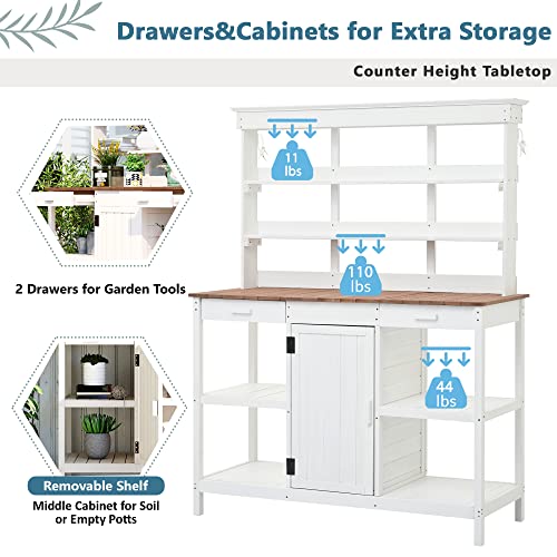 66" Large Outdoor Farmhouse Wooden Potting Bench Table, Garden Workstation with 2 Drawers, Cabinet and Open Shelves for Backyard, Mudroom (white)