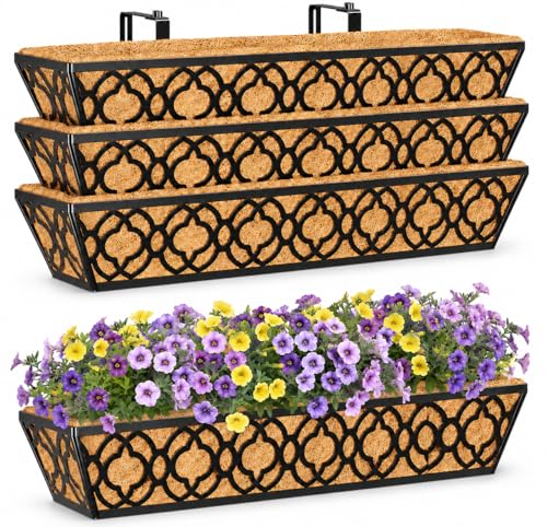 Y&M 4Pcs 30'' Railing Planter Box Set with Coconut Coir Liner, Flower Boxes with Adjustable Brackets, Large Metal Hanging Window Boxes for Fence, Deck, Balcony, and Outdoor Garden - size: Flower 30in 4P