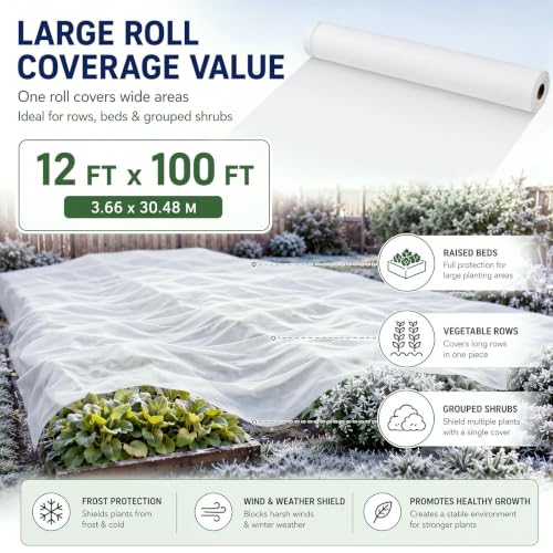 Tigeen 12 x 100 ft Frost Cloth for Plants, 45gsm Heavy Duty Frost Cover - size: 12 x 100 ft