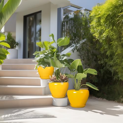 Ceramic Planters Set of 3, 10+8+6 Inch Plant Pots Indoor, Yellow - color: Bright Yellow