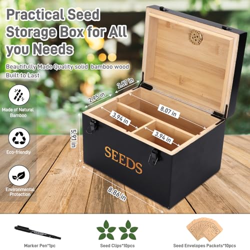 Professional-Designed Bamboo Seed Storage Box with Built-in Hygrometer, Double-Layer Airtight Lid and Safety Lock, Temperature-Stable Wooden Seed Organizer for Preservation, Great Gifts for Gardener - color: Black