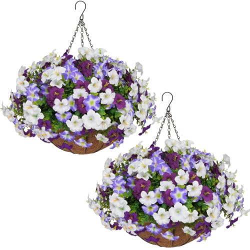 2 Set Artificial Hanging Flowers with Basket for Outdoor Decor - color: Petunia