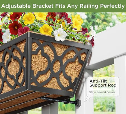 HFHOME 4 Pcs 30" Window Box Deck Railing Planter Box with Horse Trough Coco Liners, Black Metal Hanging Flower Planters Baskets for Indoor, Outdoor, Balcony, Porch, Fence, Patio, and Lawn - size: 30 Inch 4-Pack Flower-Pattern