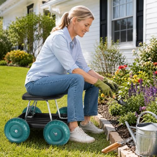 BEETOW Rolling Garden Seat with Wheels, Gardening Stool and Garden Scooter Cart with Storage Tool Tray, Rolling Garden Work Seat for Weeding, Planting, Pruning, Yard Work and Garage Repair