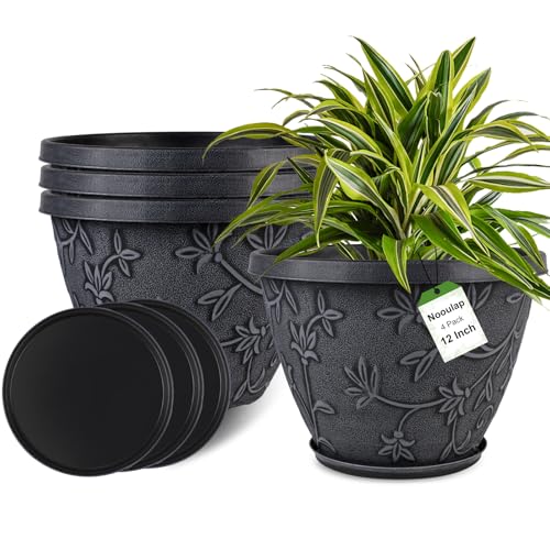 Nooulap 4 Pack 12 Inch Pots for Plants, Flower Pots Outdoor Indoor, Gray - color: Imitation Magnolia, size: 12 Inch