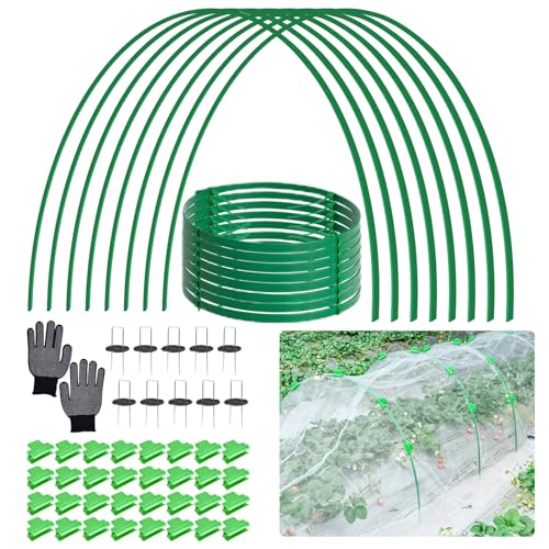 8 PCS Fiberglass Garden Hoops, 6.6 FT Bendable Hoop & 32 Clips for Vegetable Plants Fruits Flowers Crop Greenhouse Row Cover Birds Animals Barrier Protection Net