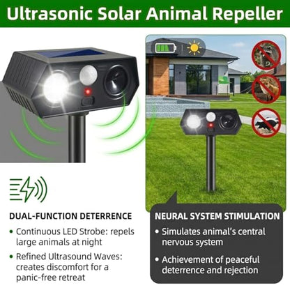 Solar Animal Repellent Outdoor 4 Pack, Ultrasonic Deer Deterrent Devices with Motion Sensor & Flashing Lights, Waterproof Solar Powered Cat Repellent for Garden Yard Squirrel Raccoon Skunk Rabbit Dog