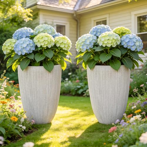 19" Mediterranean Beige Resin Tall Planters with Fluted Texture - color: 19"h-mediterranean Beige