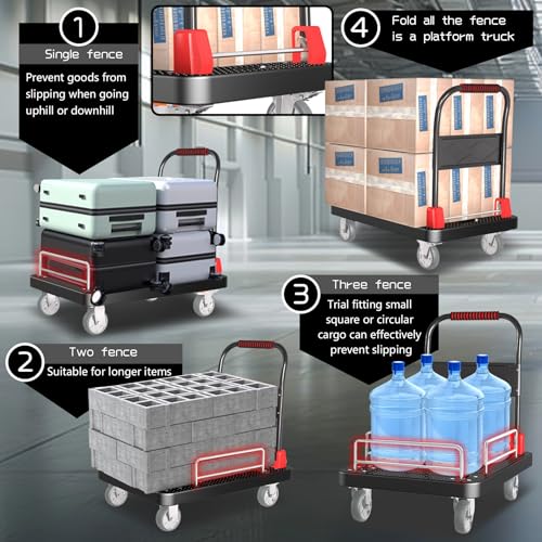 Heavy Duty Platform Trucks Flatbed Cart with Brake Wheels & Fence - color: Black, size: 36"x24"