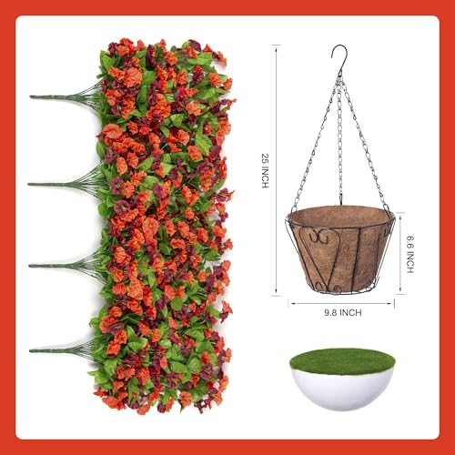 Fake Fall Artificial Outdoor Flowers Plant with Hanging Basket UV Resistant - color: Orange Brown