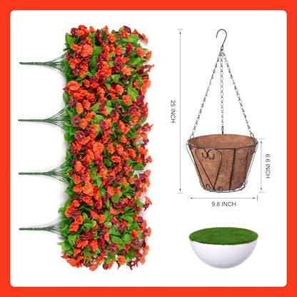 Fake Fall Artificial Outdoor Flowers Plant with Hanging Basket UV Resistant - color: Orange Brown