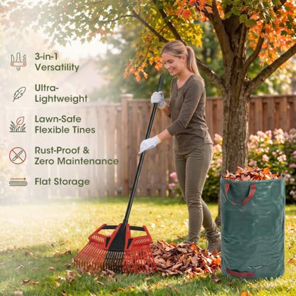 3-in-1 Leaf Rake for Lawns, 44"-72" Adjustable Handle