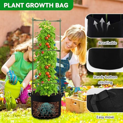 GENMOUS Tomato Cages with Grow Bags - 48 Inch Tomato Trellis for Raised Garden Bed, 3-Pack Tomato Plant Support, with 10 Gallon Plant Grow Bags, Reusable and Height Adjustable