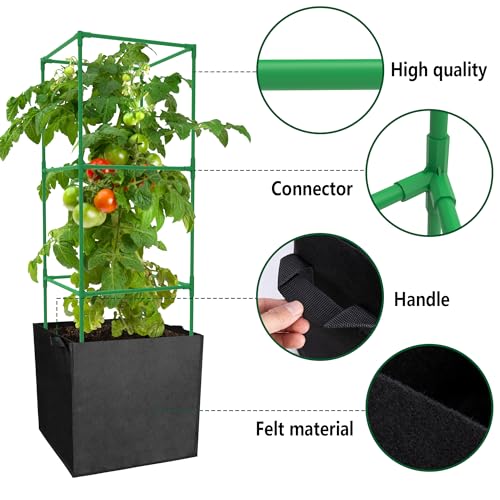 3 Packs 47 x 16 x 16 Inch Garden Tomato Cages with 17 Gallon Grow Bags- Square Plant Support Trellis Assembled with Planter Bags- Garden Cucumber Vegetables Frames for Vertical Climbing Plants - style: Square-3 Set