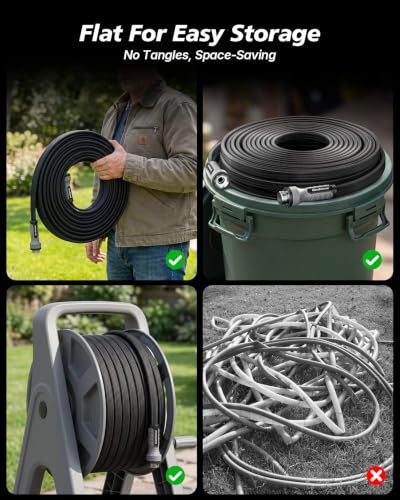 Flat Garden Hose 50FT, Seamless Woven Water Hose with Flexible TPE Inner Tube, Lightweight Compact Design, Standard 3/4 in. GHT Fittings for Outdoor Watering, Cleaning and Yard Use - size: 50FT