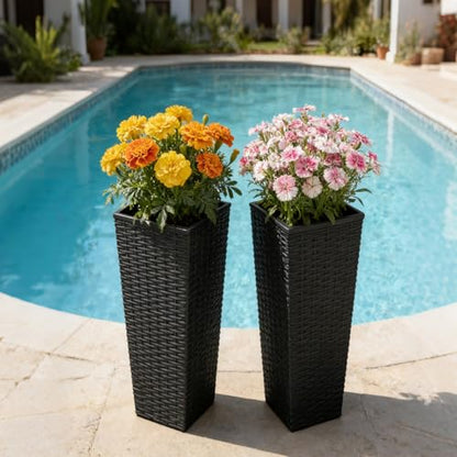 Festnight 24in Tall Planters for Outdoor Plants, Outside Black Planters Set of 2, Resin Front Porch Planters, Outdoor Planters for Porch Backyard Patio, Garden Flower Pots, 11.69x11.69x32.28in - size: 8.94x8.94x23.82in