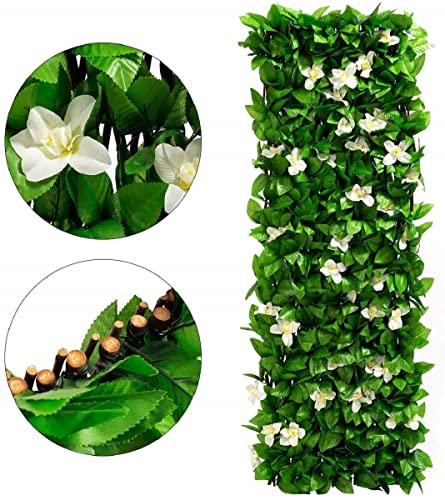 DOEWORKS Expandable Faux Ivy Trellis Fence, Patio Privacy Screen, 1 Pack - color: Green with White Flowers, size: 16 x 45 in, 1 Panel