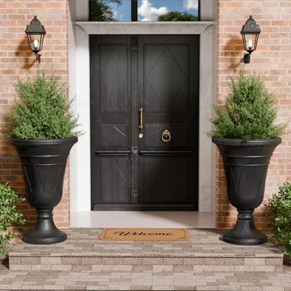 Tall Plastic Urn Planters and Pedestal - 24" Outdoor Planter Black - color: Black-trophy