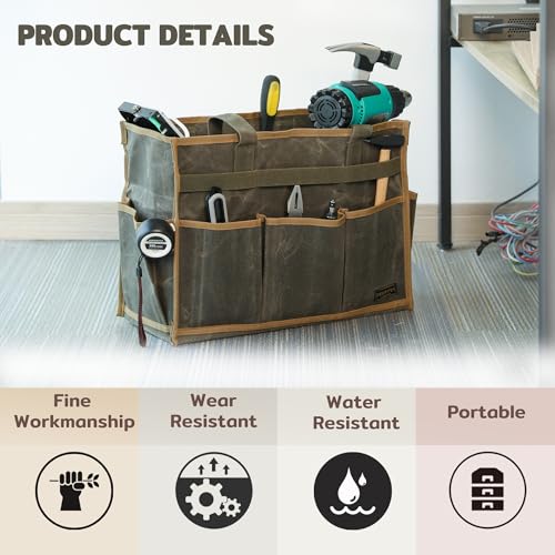 Canvas Large Tool Bag - A Large Main Pocket and 14 Insert Pockets - Durable 16oz Waxed Canvas Tool Case with Handle - 16.5 X 7 X 12 inch | ArmyGreen - color: ArmyGreen
