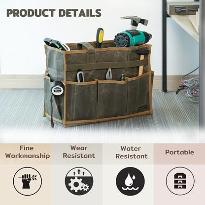 Canvas Large Tool Bag - A Large Main Pocket and 14 Insert Pockets - Durable 16oz Waxed Canvas Tool Case with Handle - 16.5 X 7 X 12 inch | ArmyGreen - color: ArmyGreen