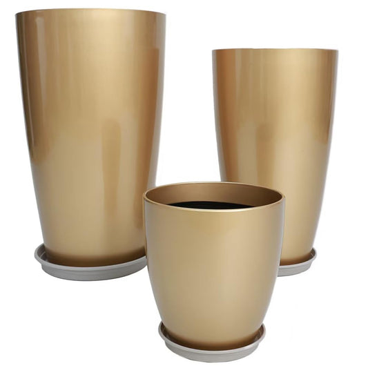 24,21,11 Inch Large Plastic Planters with Drainage Hole and Saucer - Set of 3 Tall Plant Pots Indoor Flower Pot Tall Round Planters Outdoor Large Tall Planter - color: Golden
