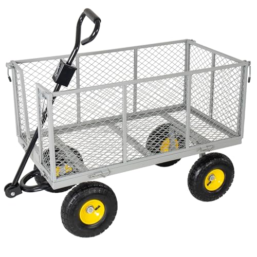 4-in-1 Oversized Steel Dump Garden Cart, 880lbs Pullable Mesh Metal Utility Cart with Removable Liner, Side Panels & Mesh Tray for Outdoor Lawn, Patio, Landscaping, Gray