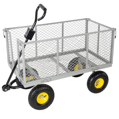 4-in-1 Oversized Steel Dump Garden Cart, 880lbs Pullable Mesh Metal Utility Cart with Removable Liner, Side Panels & Mesh Tray for Outdoor Lawn, Patio, Landscaping, Gray