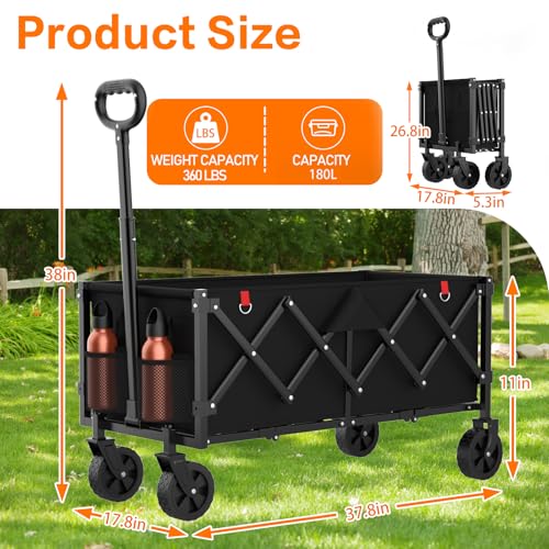 COZEER Wagons Carts Foldable, 180L Folding Heavy Duty Wagon with Wheels - color: Black, size: 180L