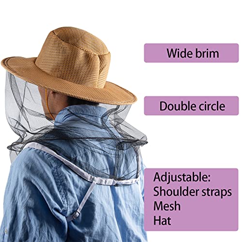Bee Hat with Net,Beekeeper Veil Gloves,Bee Keeper Costume Mesh Cap - color: Khaki Hat + XL Gloves