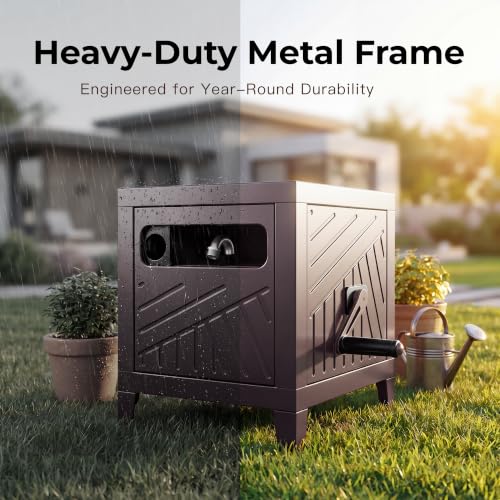 Garden Hose Reel Hideaway, Heavy Duty Metal Hose Reel Box for 125FT x 5/8" Hose, Steel Hose Storage Reel with Manual Crank Handle, Hose Guide System, Leak-Proof Aluminum Fittings, Stable 4-Leg Base